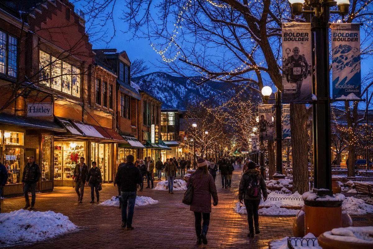 Pearl Street Mall in downtown Boulder on a snowy winter evening